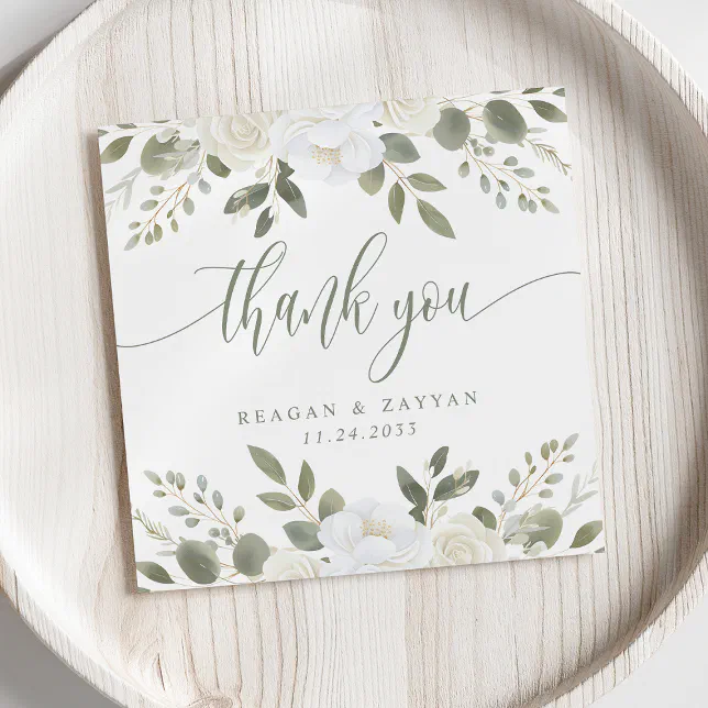 Ivory And Sage Floral Wedding Thank You Card | Zazzle