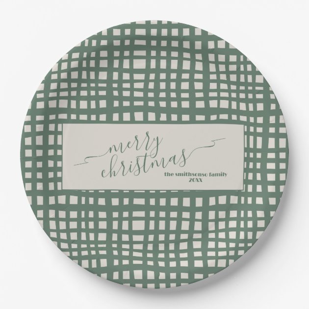 Ivory and sage green checkered Christmas Paper Plates