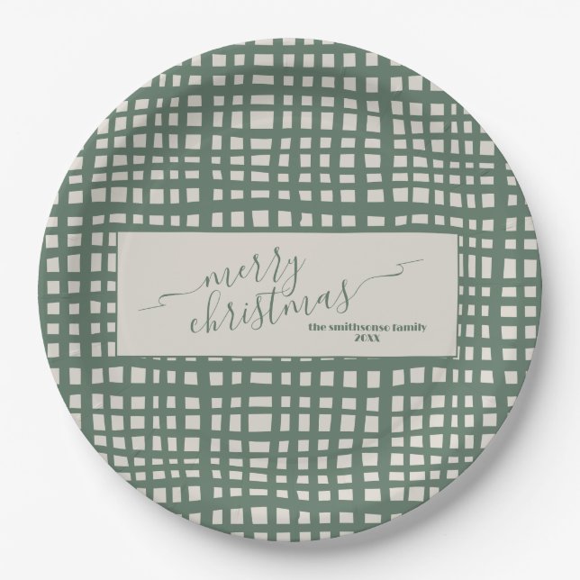 Ivory and sage green checkered Christmas Paper Plates (Front)