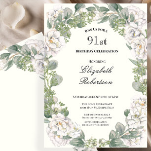 Ivory and Sage Green Floral 91st Birthday Invitation