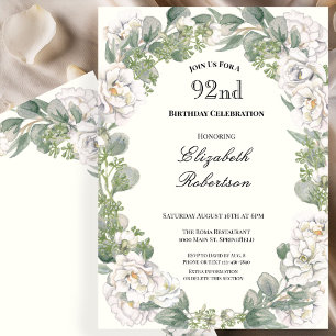 Ivory and Sage Green Floral 92nd Birthday Invitation