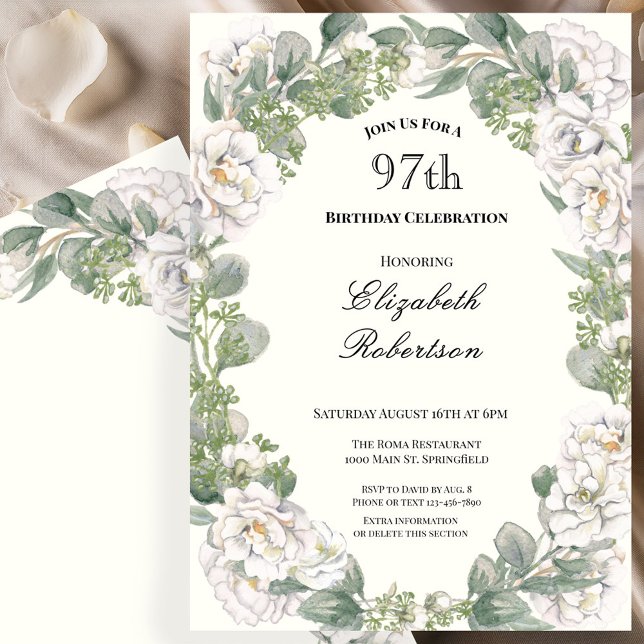 Ivory and Sage Green Floral 97th Birthday Invitation (Creator Uploaded)