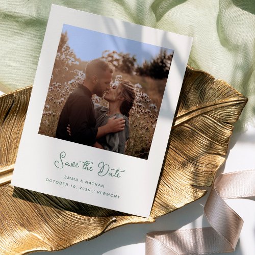Ivory and Sage Green Photo  QR Code Save The Date Announcement Postcard