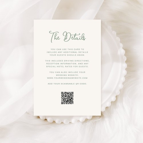 Ivory and Sage Green Wedding Guest Details QR Code Enclosure Card