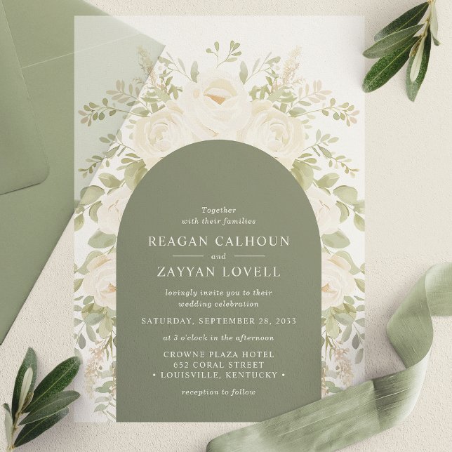 Ivory And Sage Modern Arch Elegant Floral Wedding Vellum Invitations (Creator Uploaded)