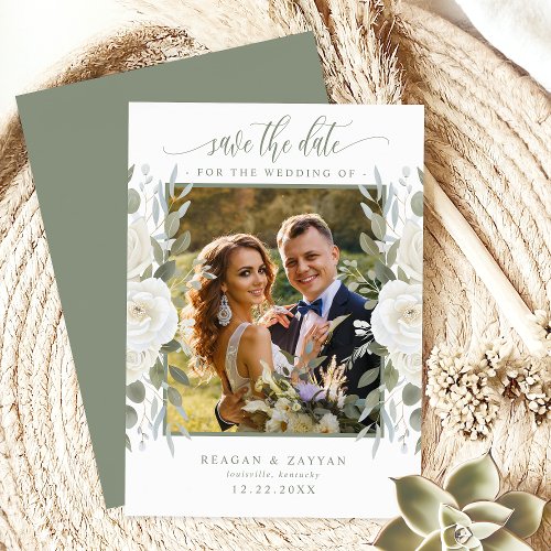 Ivory And Sage Photo Floral Save The Date Card