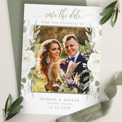 Ivory And Sage Photo Floral Save The Date Card