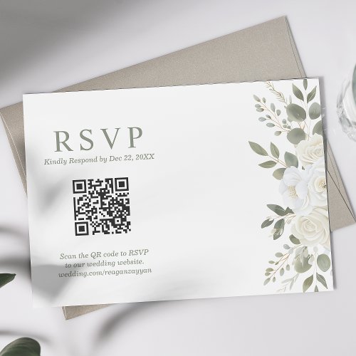 Ivory And Sage Qr Code Floral Wedding Rsvp Card