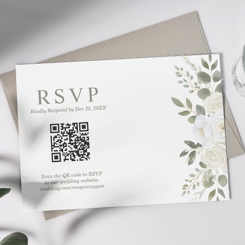 Ivory And Sage QR Code Floral Wedding Wedding RSVP
