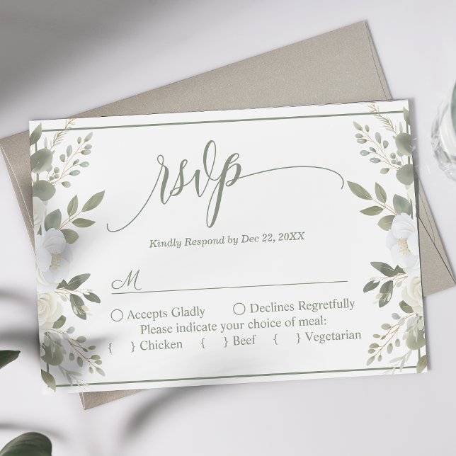 Ivory And Sage Script Floral Wedding Wedding RSVP (Creator Uploaded)