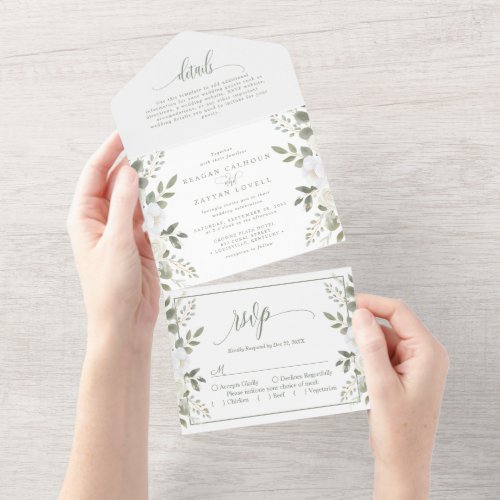 Ivory And Sage Sophisticated Floral Wedding All In One Invitation