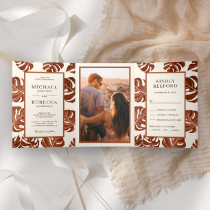 Ivory and Terracotta Monstera Leaves Photo Wedding Tri-Fold Invitation