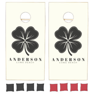 Ivory and Warm Black Four Leaf Clover with Name Cornhole Set