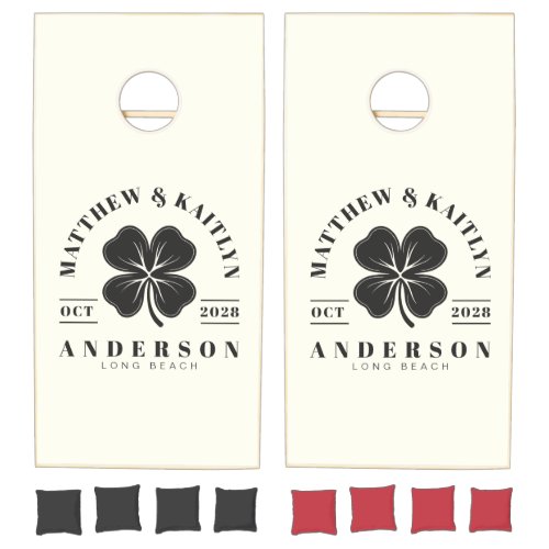 Ivory and Warm Black Irish Clover Wedding Crest Cornhole Set