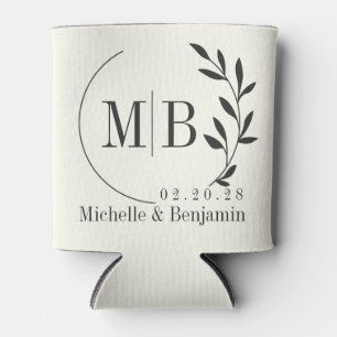 Ivory and Warm Black Leaf Wedding Monogram Can Cooler