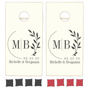Ivory and Warm Black Leaf Wedding Monogram Cornhole Set