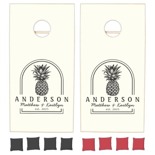 Ivory and Warm Black Pineapple Wedding Arch & Name Cornhole Set