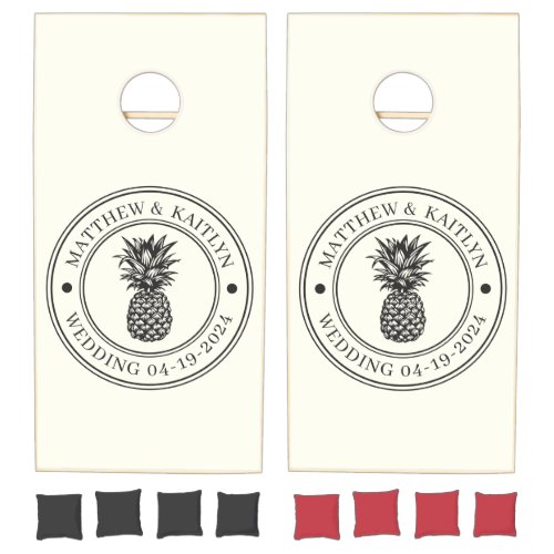 Ivory and Warm Black Pineapple Wedding Crest &Name Cornhole Set