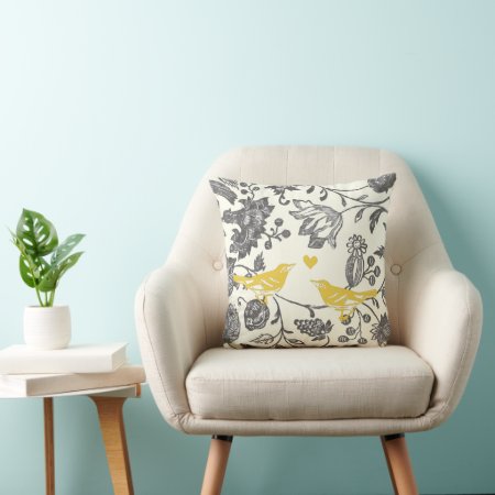 Ivory And Yellow Gray Vintage Floral Love Birds Throw Pillow