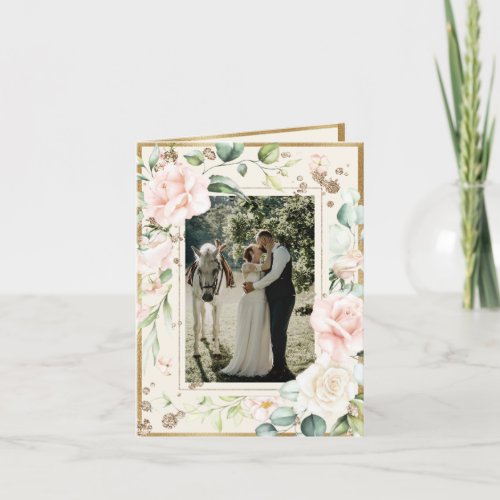 Ivory Antique Watercolor Photo Floral Wedding Thank You Card