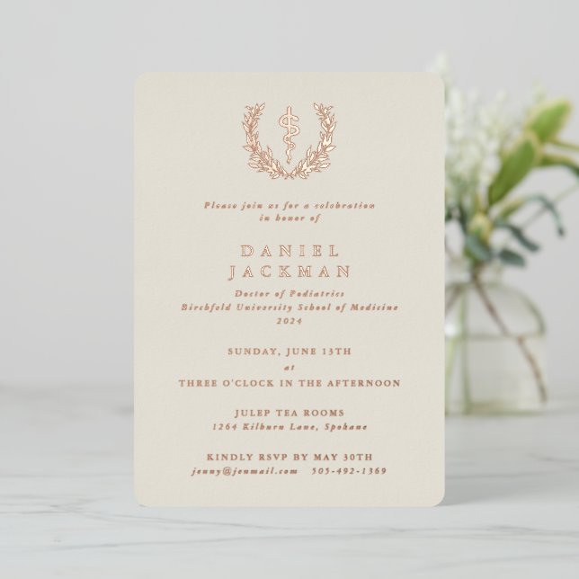 Ivory Asclepius Medical School Graduation Foil Invitation (Standing Front)