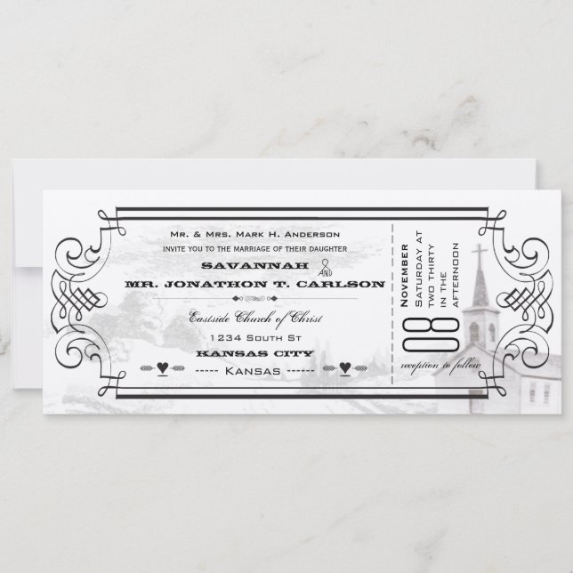 Ivory Background Black Font Chapel Ticket Wedding Invitation (Front)