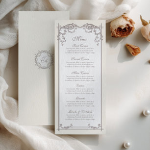 Ivory Baroque Wedding Menu Card with Monogram