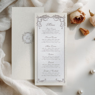 Ivory Baroque Wedding Menu Card with Monogram