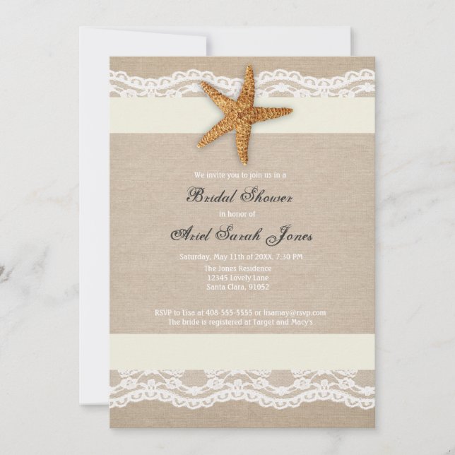 Ivory Beach Burlap Lace Bridal Shower Invitation (Front)