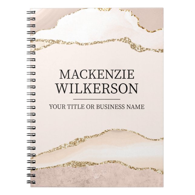 Ivory & Beige Agate with Gold Glitter Custom Name Notebook (Front)