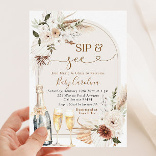 Ivory Beige Boho Floral Sip and See Baby Shower Invitation