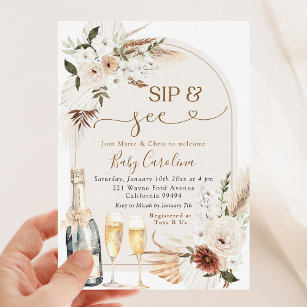 Ivory Beige Boho Floral Sip and See Baby Shower Invitation
