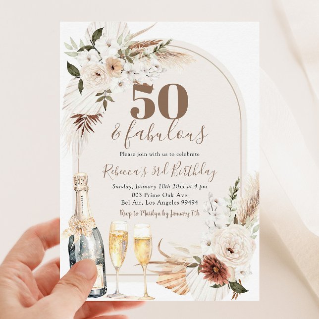 Ivory Beige Boho Floral Wine Adult Birthday Invitation (Creator Uploaded)