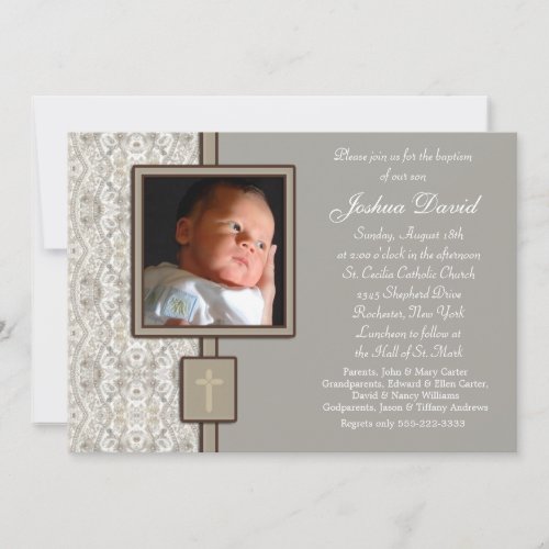 Ivory Beige Boy Photo Christening Invitations