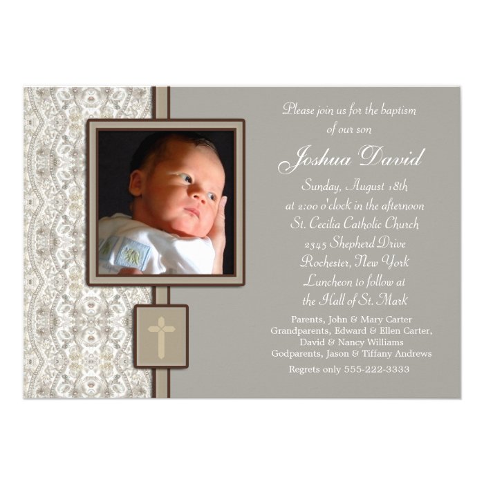 Ivory Beige Boy Photo Christening Announcement