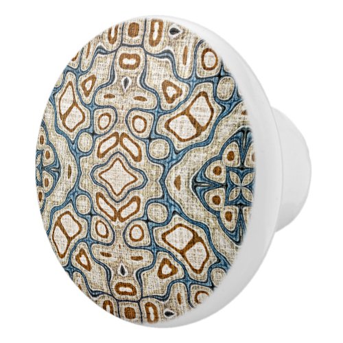 Ivory Beige Brown Ochre Teal Blue Ethnic Tribe Art Ceramic Knob