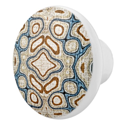 Ivory Beige Brown Ochre Teal Blue Ethnic Tribe Art Ceramic Knob