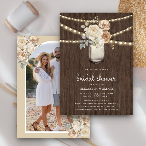 Ivory Beige Floral Mason Jar Photo Bridal Shower Invitation