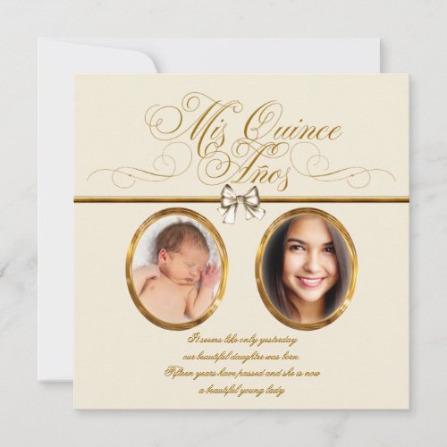 Ivory Beige Gold Photo Quinceanera Invitations