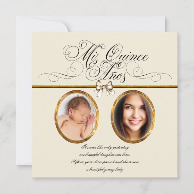 Ivory Beige Gold Photo Quinceanera Invitations (Front)
