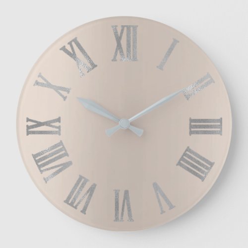 Ivory Beige Gray Minimal Metallic Roman Numers Large Clock