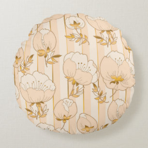 Ivory Beige: Luxury Floral Pattern. Round Pillow