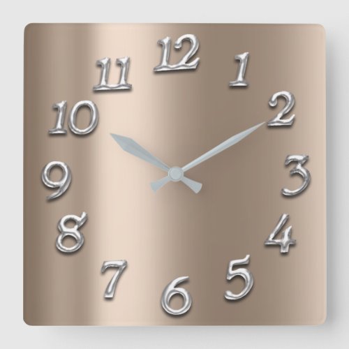 Ivory Beige Metallic Arabic Numbers Silver Gray Square Wall Clock