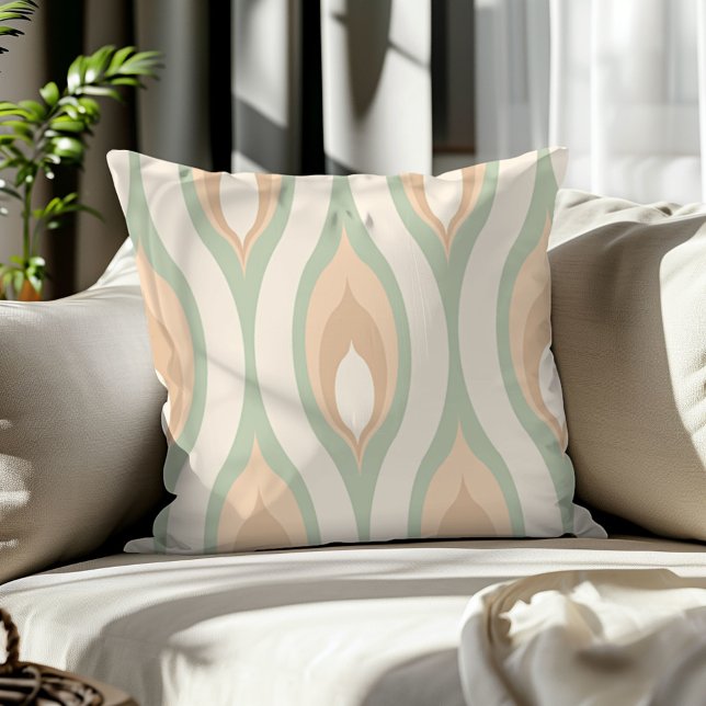 Ivory Beige Olive Sage Green Tan Ogee Wave Pattern Throw Pillow (Creator Uploaded)