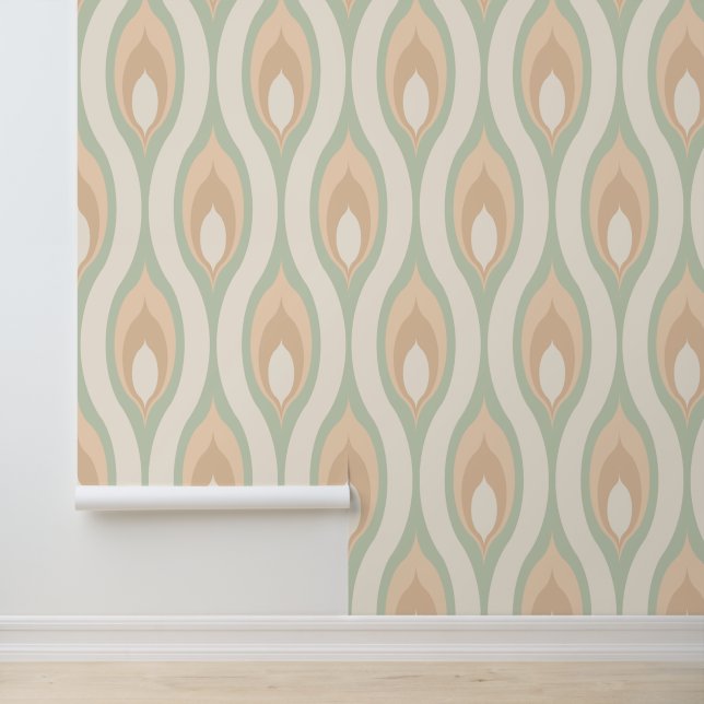 Ivory Beige Olive Sage Green Tan Ogee Wave Pattern Wallpaper (Application)