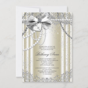 Ivory Beige Pearl Cross First Communion Invitation