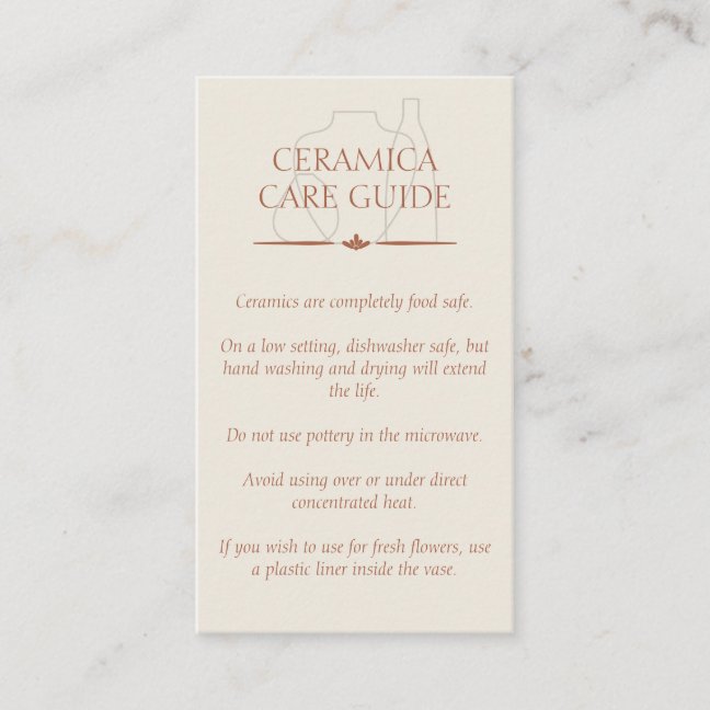 Ivory Beige Pottery Clay Ceramic Care Instructions Business Card