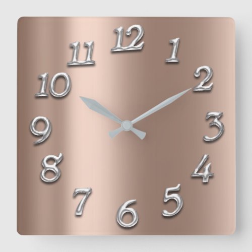 Ivory Beige Skinny Rose Arabic Numbers Silver Gray Square Wall Clock