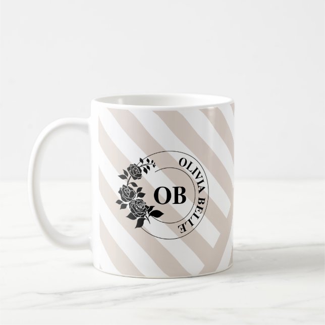 Ivory Beige Stripes Monogram Coffee Mug (Left)