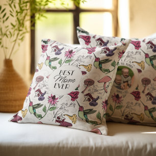 Ivory Best Mom Ever Picture Hummingbird Floral Throw Pillow